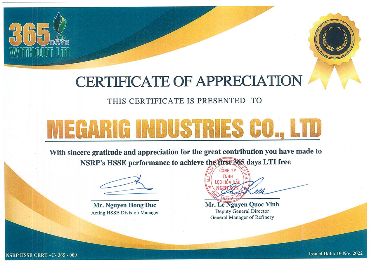 Megarig Industries completes goal of 365 days without LTI at NSRP